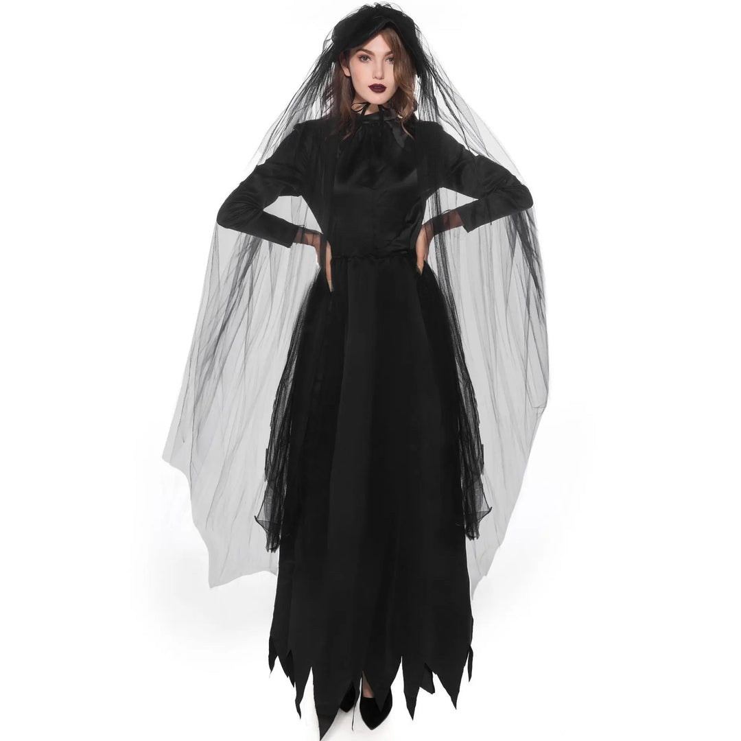 Ghost Bride Costume for Women – Elegant Black Dress with Veil, Sizes M-2XL – Perfect for Halloween Parties and Spooky Events 2