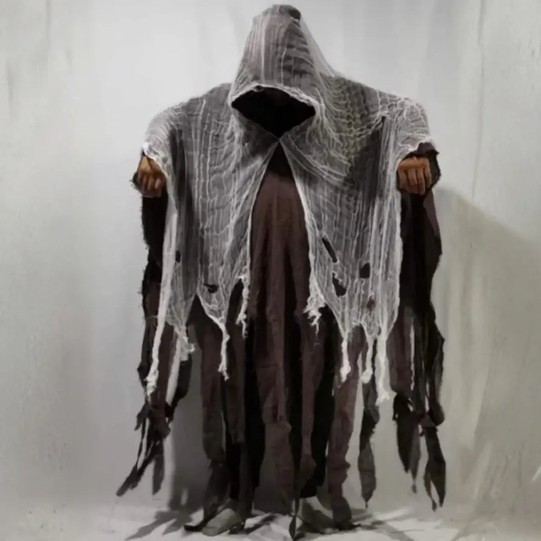 Halloween Horror Monk Costume for Adults – Unisex Creepy Hooded Robe with Torn Details- Brown