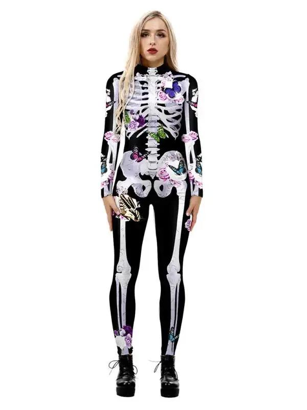 Liora - Floral Skeleton Print Costume With Figure-Hugging Fit For Halloween Parties 0