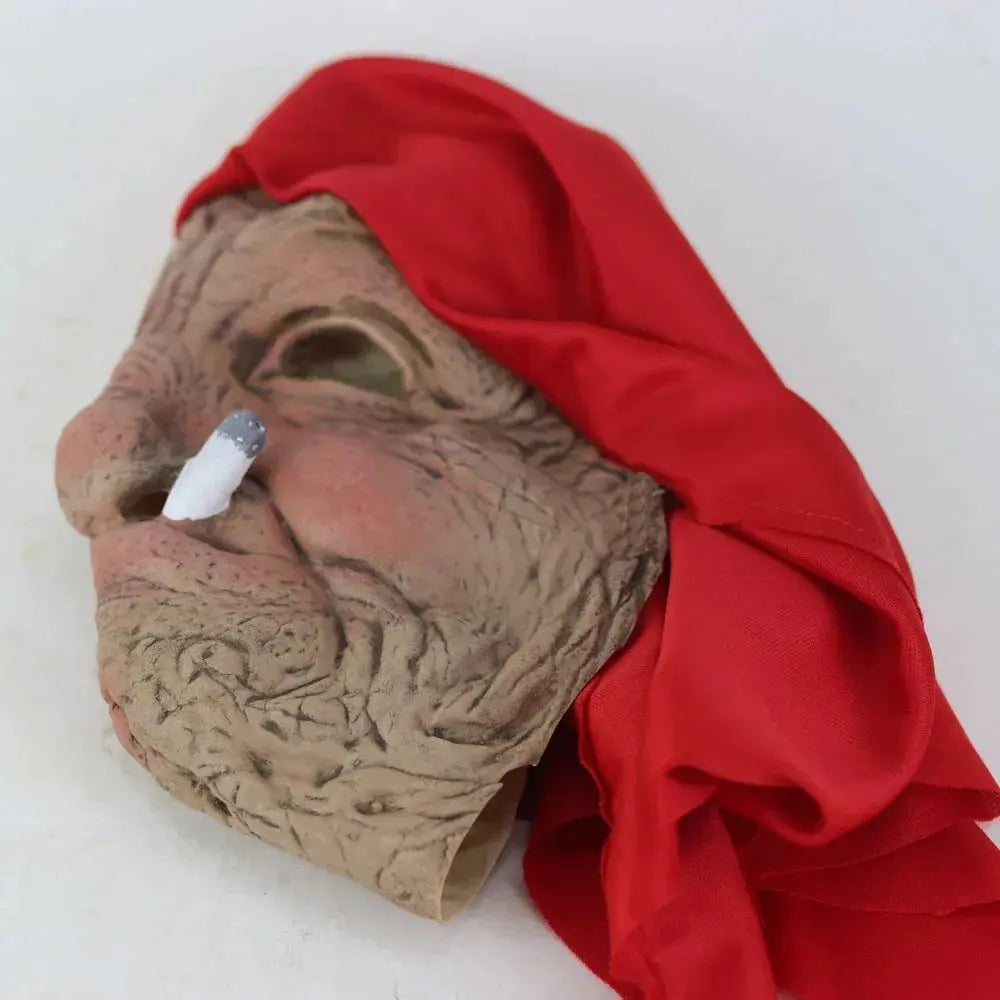 Funny Halloween Granny Mask – Realistic Latex Costume Prop with Wrinkled Face & Red Scarf – Perfect for Parties 2