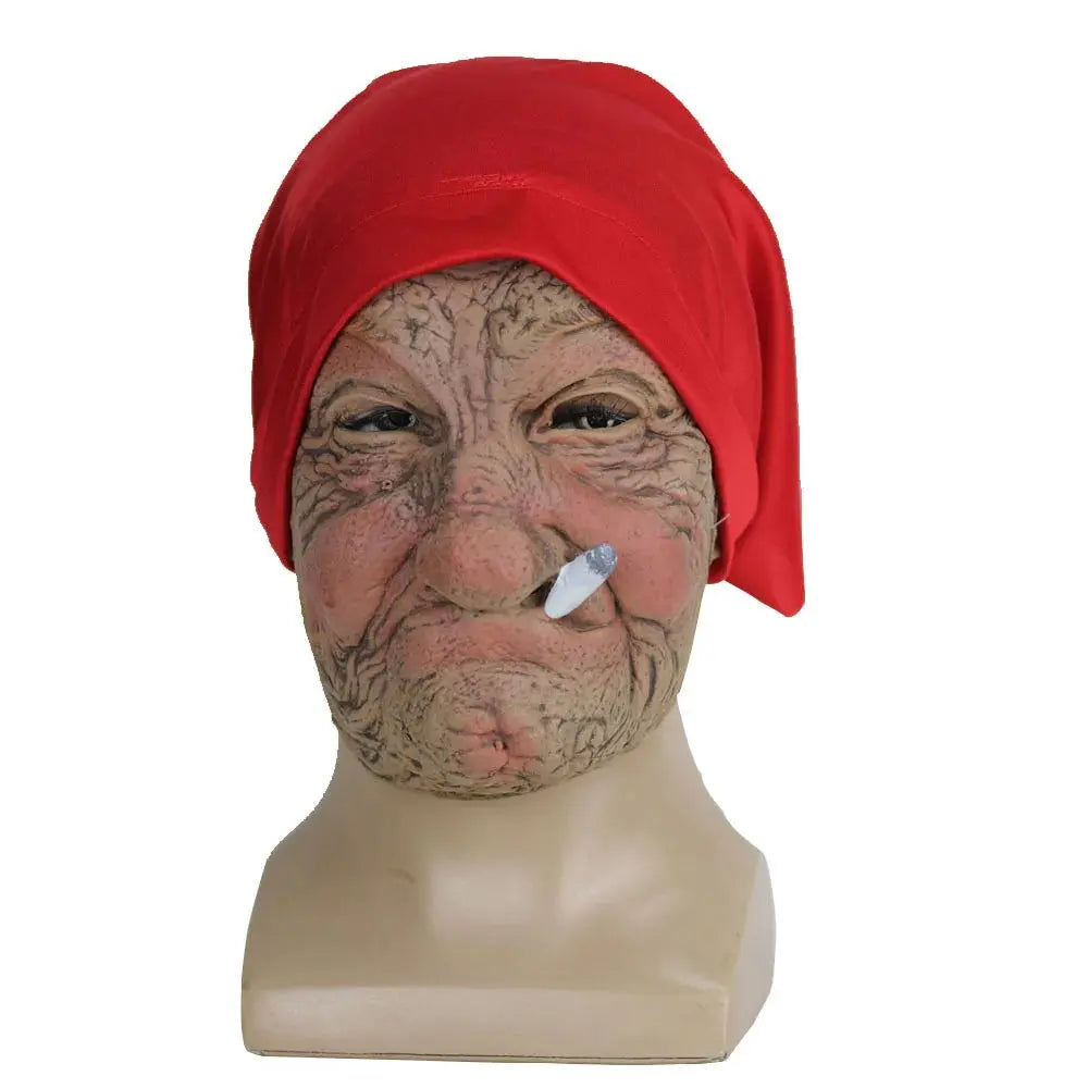 Funny Halloween Granny Mask – Realistic Latex Costume Prop with Wrinkled Face & Red Scarf – Perfect for Parties 6
