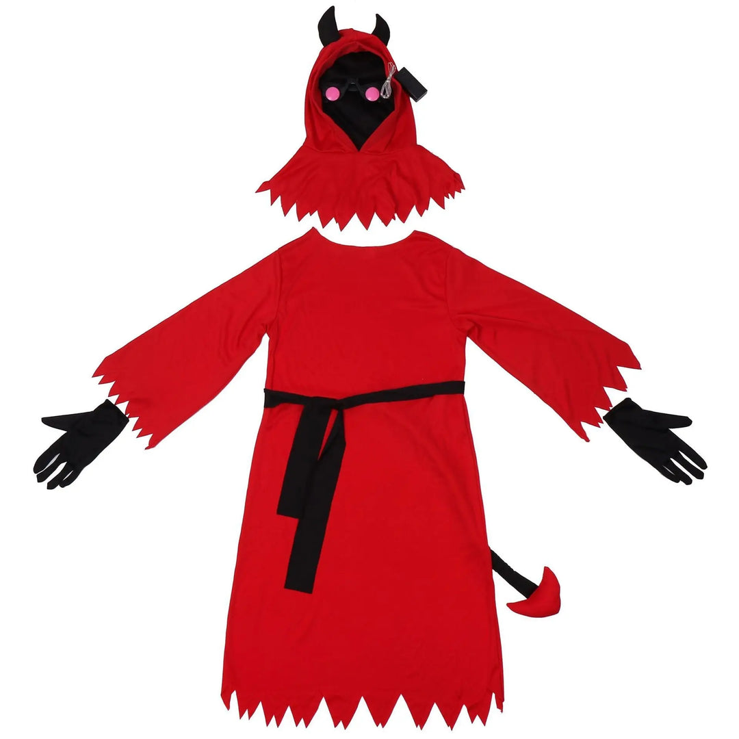 Halloween Demon Costume for Kids – Creepy Red Robe with Hood & Horns 1