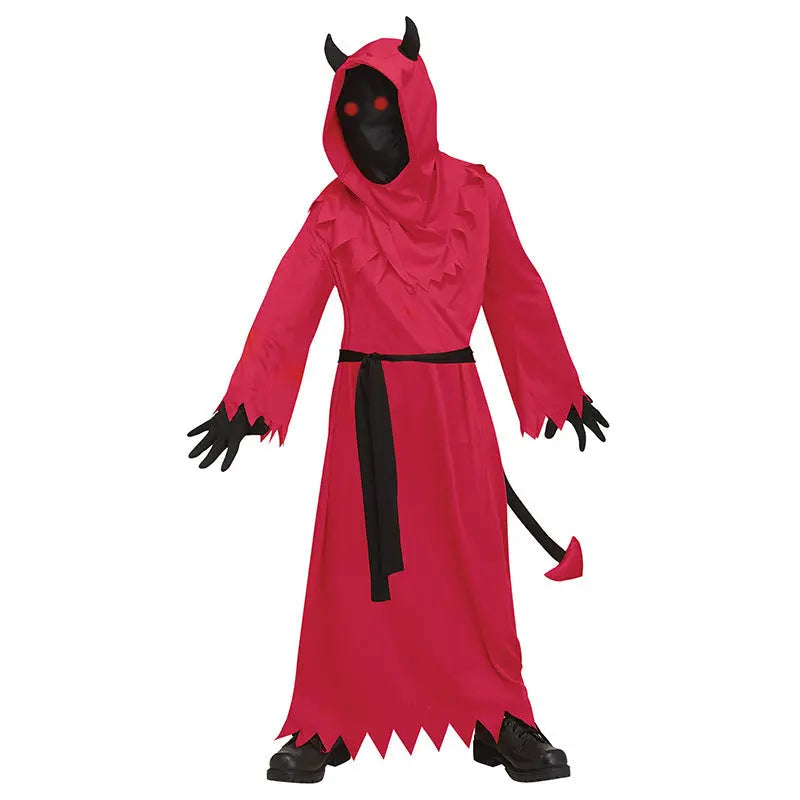 Halloween Demon Costume for Kids – Creepy Red Robe with Hood & Horns 2