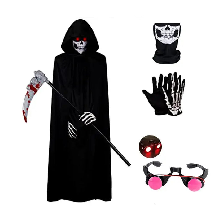 Halloween Grim Reaper Costume for Kids – Scary Black Robe with Glowing Red Eyes & Skeleton Gloves – Perfect for Trick or Treat 0