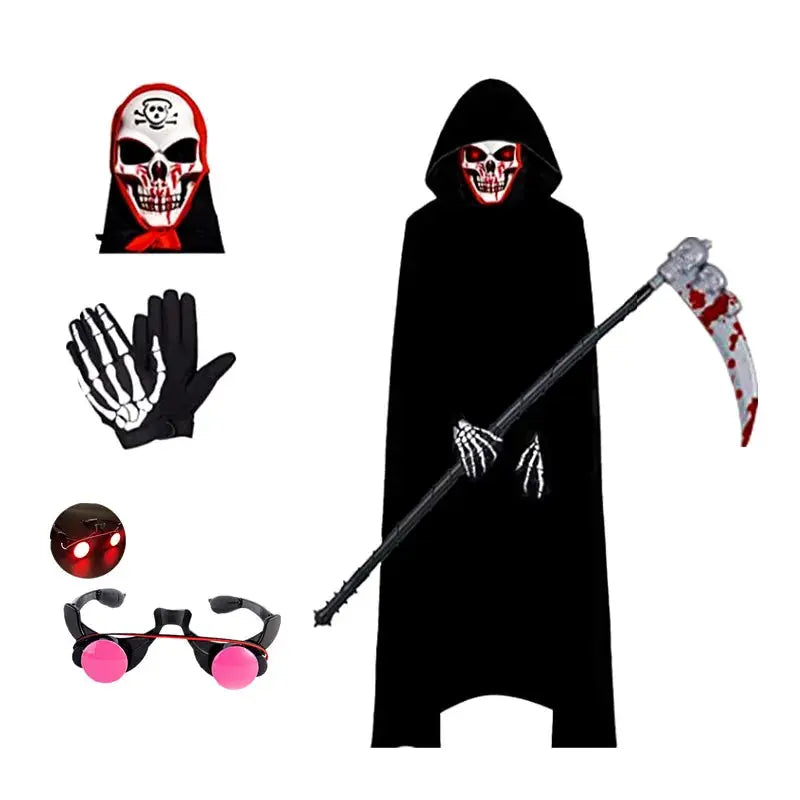 Halloween Grim Reaper Costume for Kids – Scary Black Robe with Glowing Red Eyes & Skeleton Gloves – Perfect for Trick or Treat 1