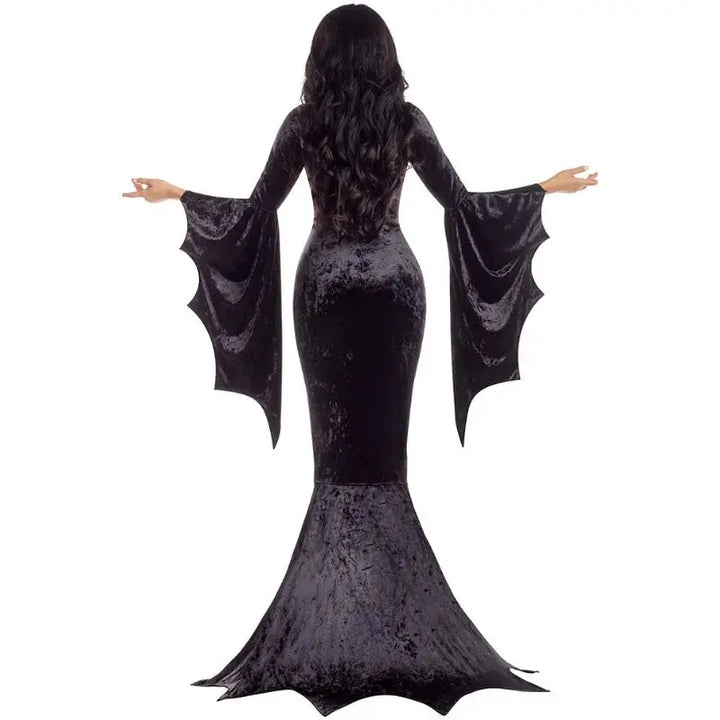 Halloween Morticia Addams Costume – Elegant Gothic Long Train Dress for Women – Perfect for Halloween Parties 1