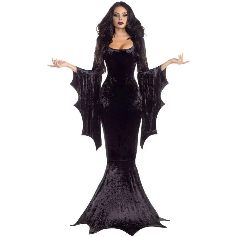 Halloween Morticia Addams Costume – Elegant Gothic Long Train Dress for Women – Perfect for Halloween Parties 0