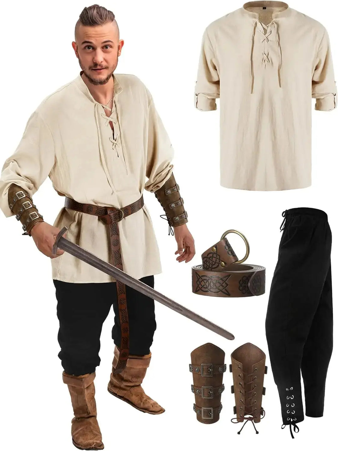 Halloween Pirate Costume Men – 4-Piece Renaissance Outfit with Ankle Banded Pants & Accessories – Perfect for Halloween Parties 1