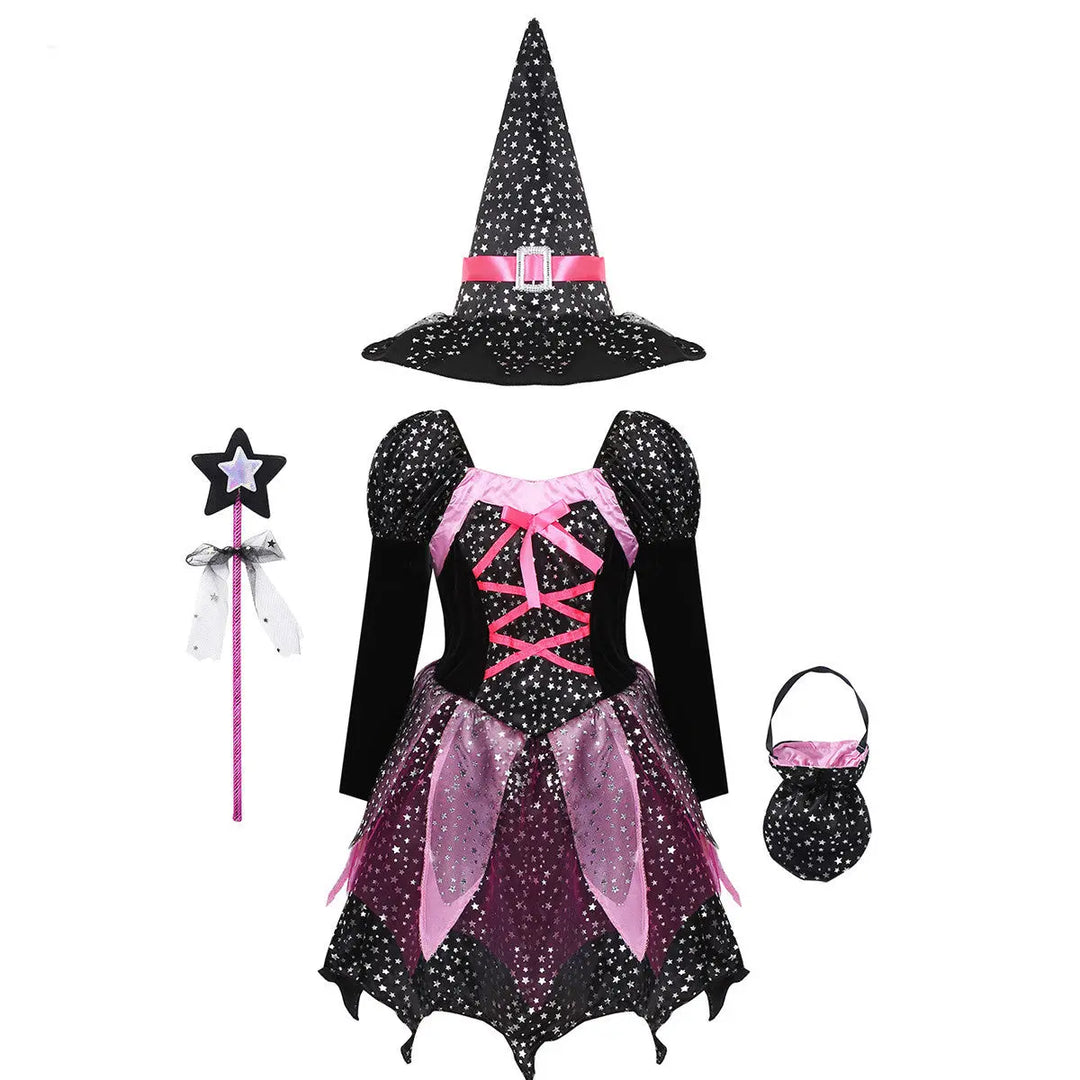 Glittering Halloween Witch Costume for Kids with Hat, Wand & Bag – Perfect for Trick-or-Treating and Parties 2