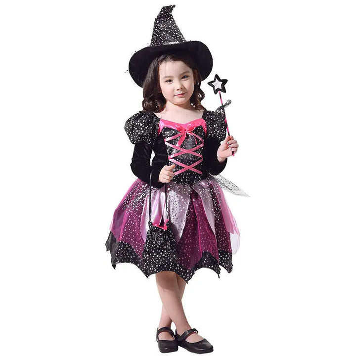 Glittering Halloween Witch Costume for Kids with Hat, Wand & Bag – Perfect for Trick-or-Treating and Parties 1