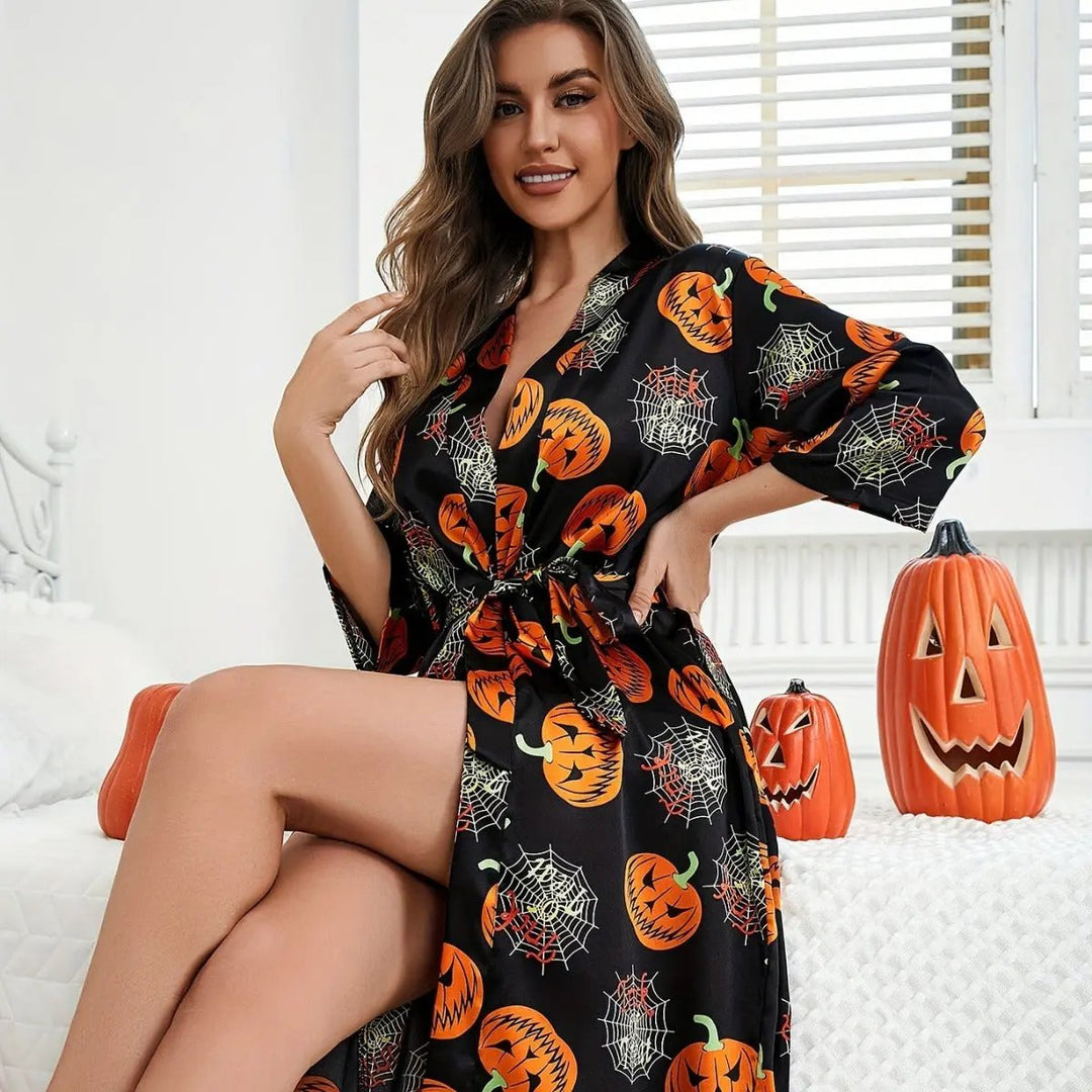 Liora - Spooky Pumpkin Pattern Dressing Gown With Comfortable Fit For Halloween Celebrations 1