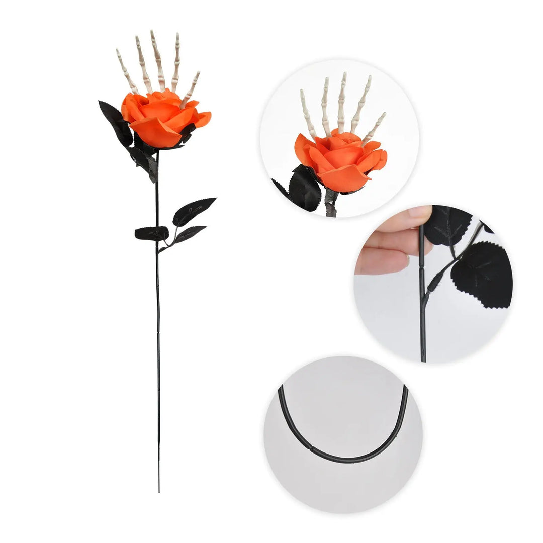 Creepy Halloween Skeleton Hand Decoration with Red Rose – Scary Outdoor Halloween Prop for Themed Parties and Displays 1