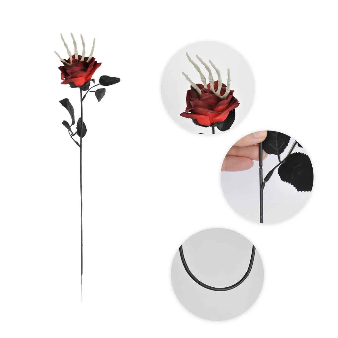 Creepy Halloween Skeleton Hand Decoration with Red Rose – Scary Outdoor Halloween Prop for Themed Parties and Displays 7