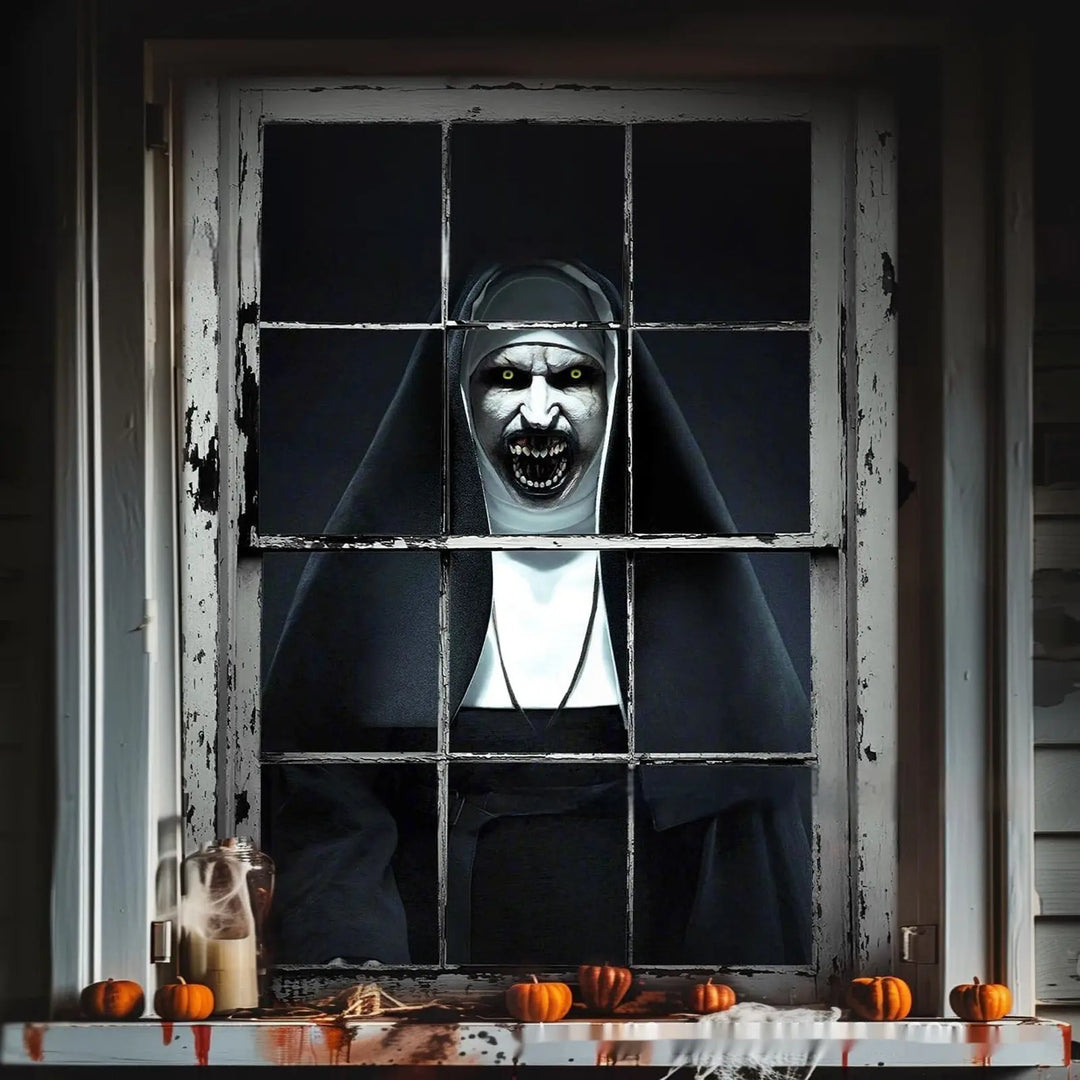 Creepy Nun Halloween Window Decoration – Eerie Polyester Film for Spooky Atmosphere 2