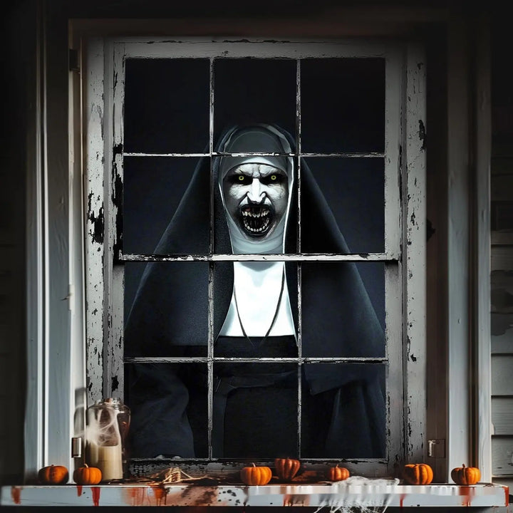 Creepy Nun Halloween Window Decoration – Eerie Polyester Film for Spooky Atmosphere 8