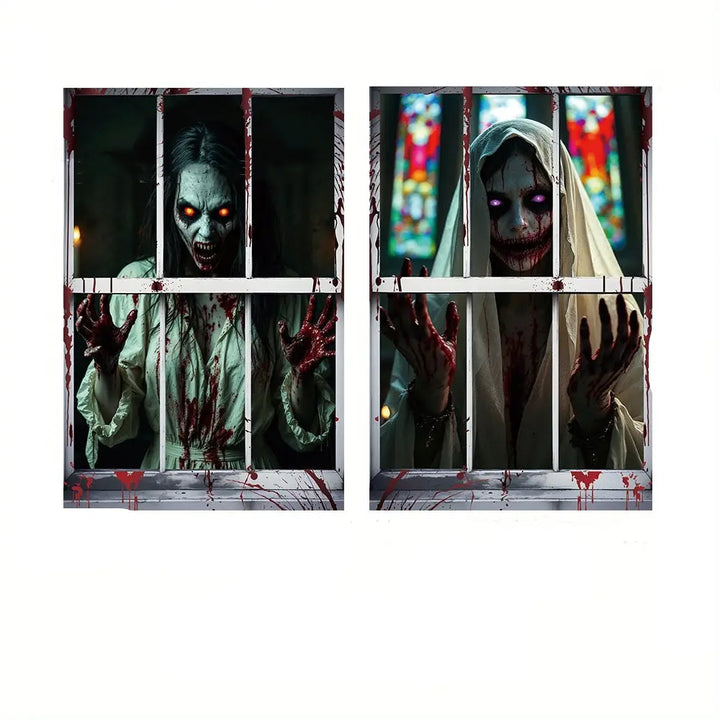 Creepy Nun Halloween Window Decoration – Eerie Polyester Film for Spooky Atmosphere 6