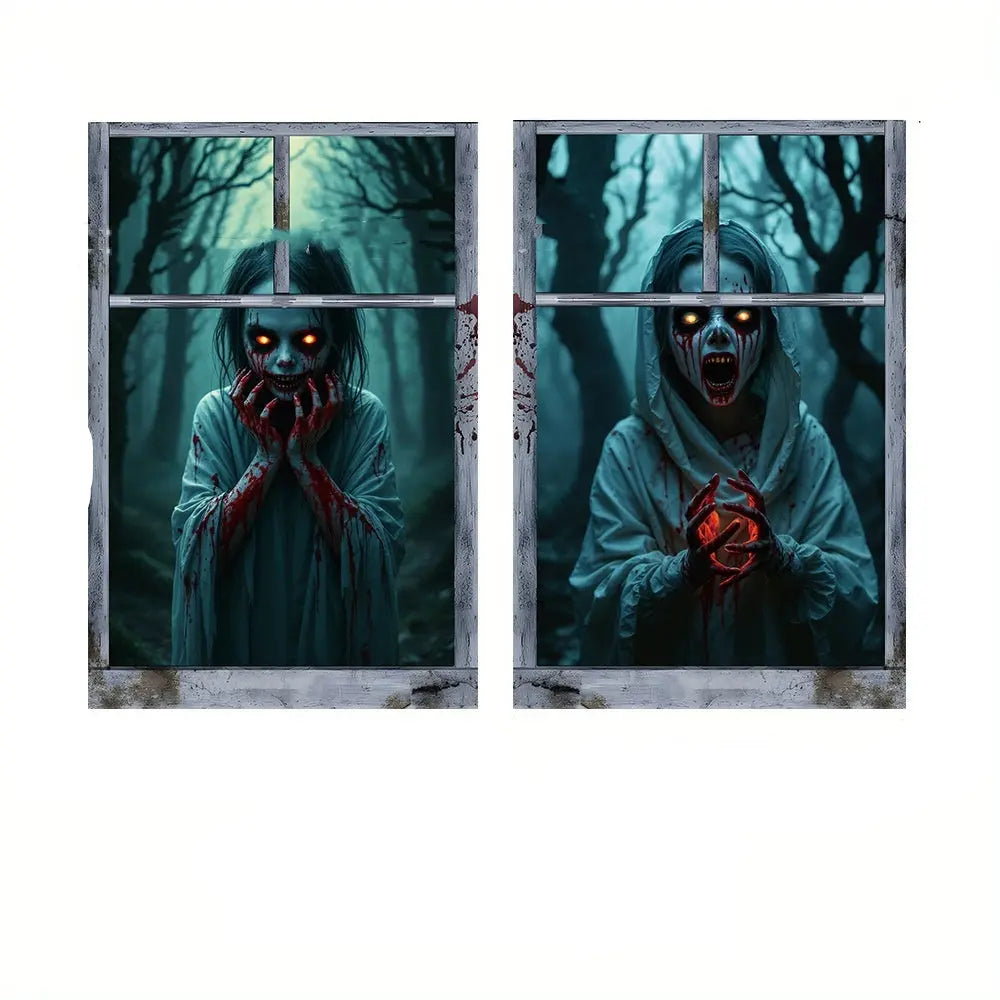 Creepy Nun Halloween Window Decoration – Eerie Polyester Film for Spooky Atmosphere 7