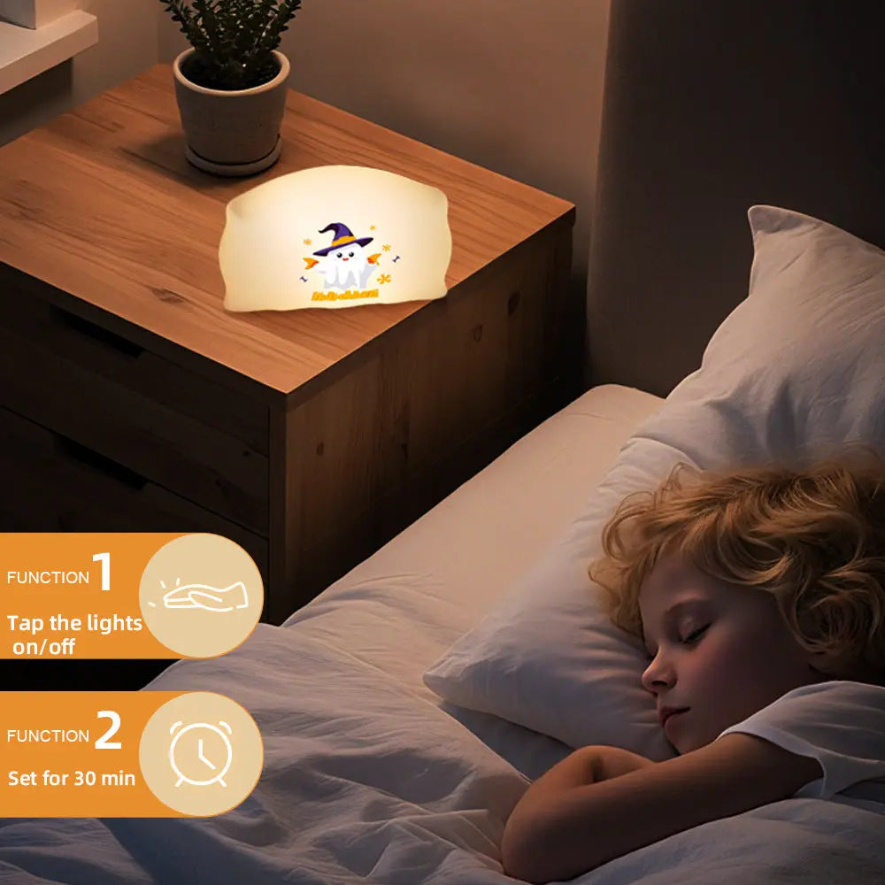 Halloween Night Light - Cute Spirit & Pumpkin LED Lamp with 3 Brightness Levels and Timer for Kids' Rooms 4