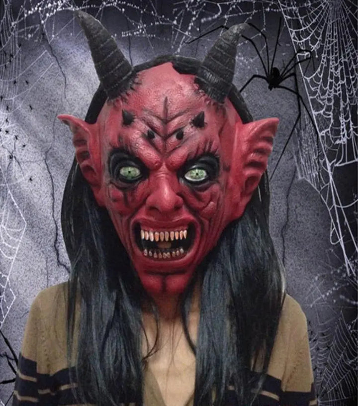 Halloween Devil Mask – Scary Unisex Latex Mask with Horns & Long Hair – Perfect for Adults at Halloween Parties 2