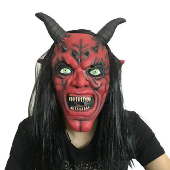 Halloween Devil Mask – Scary Unisex Latex Mask with Horns & Long Hair – Perfect for Adults at Halloween Parties 1