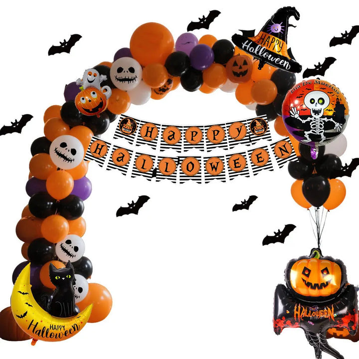 Spooky Halloween Decoration Set – Balloon Arch and Figures in Orange, Black, and Purple for Parties and Festivals 4