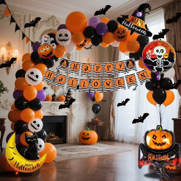 Spooky Halloween Decoration Set – Balloon Arch and Figures in Orange, Black, and Purple for Parties and Festivals 5