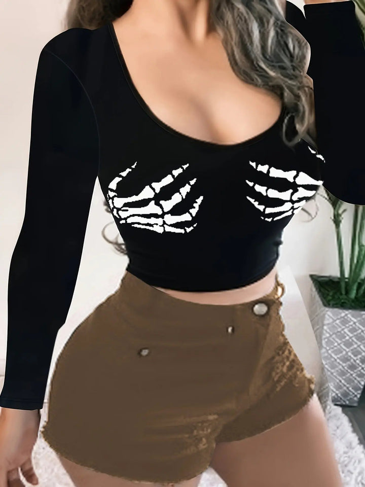 Heidi - Trendy Women's Crop Top With Skeleton Print For Halloween And Casual Wear 0