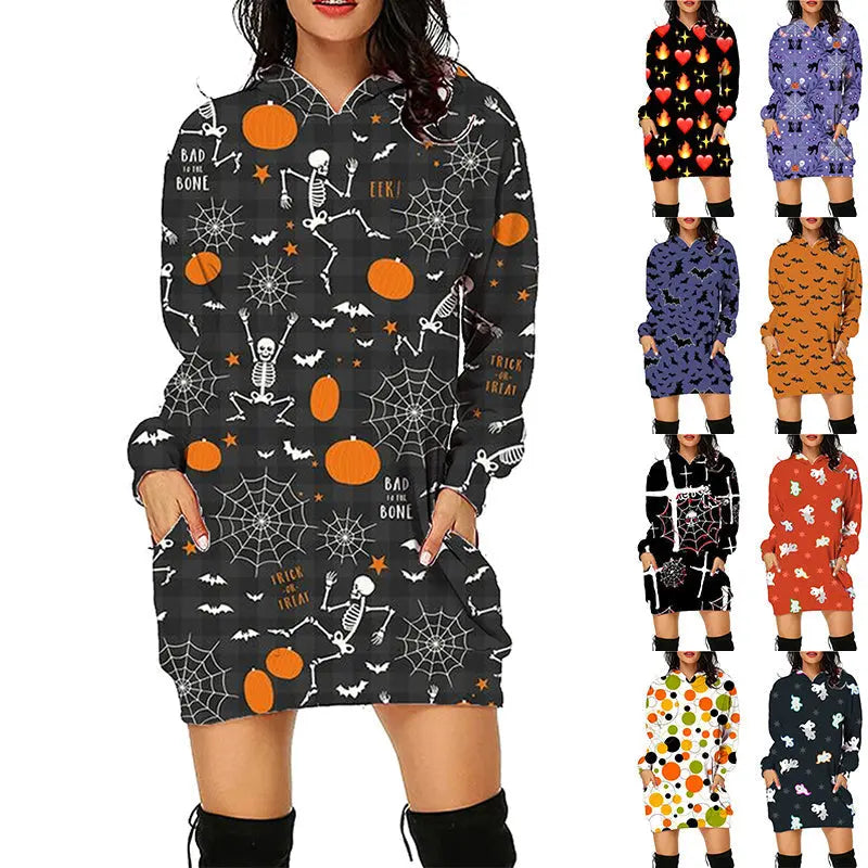 Plus Size Women's Hooded Dress with Unique Halloween Prints – Cozy Costume for Parties and Trick-or-Treating 2