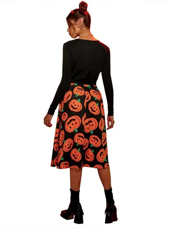 Liora - Spooky Pumpkin Print Midi Dress For Halloween Celebrations 1