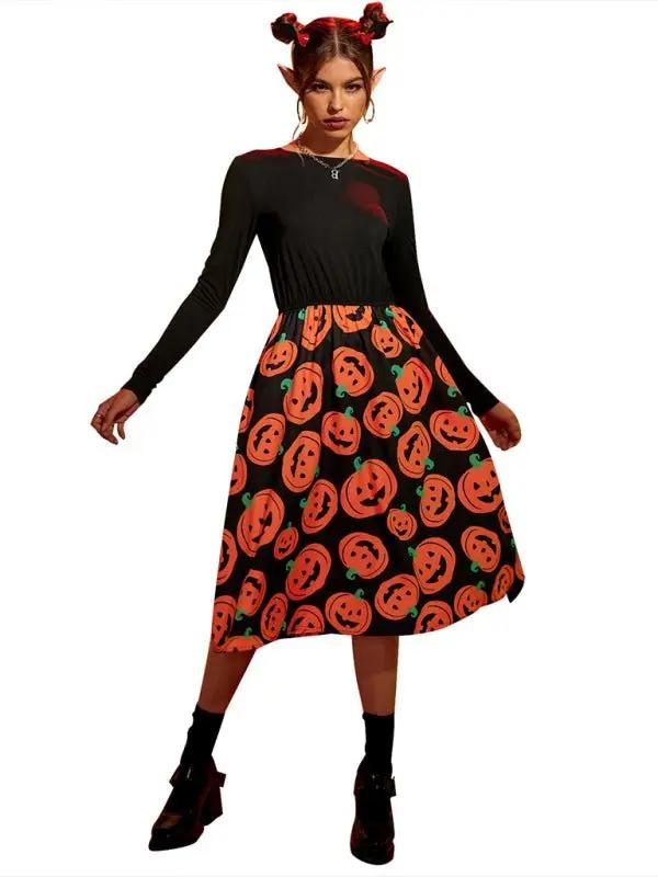 Liora - Spooky Pumpkin Print Midi Dress For Halloween Celebrations 2