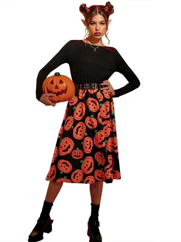 Liora - Spooky Pumpkin Print Midi Dress For Halloween Celebrations 3