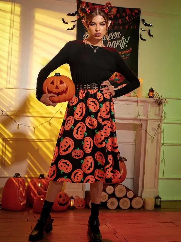 Liora - Spooky Pumpkin Print Midi Dress For Halloween Celebrations 0