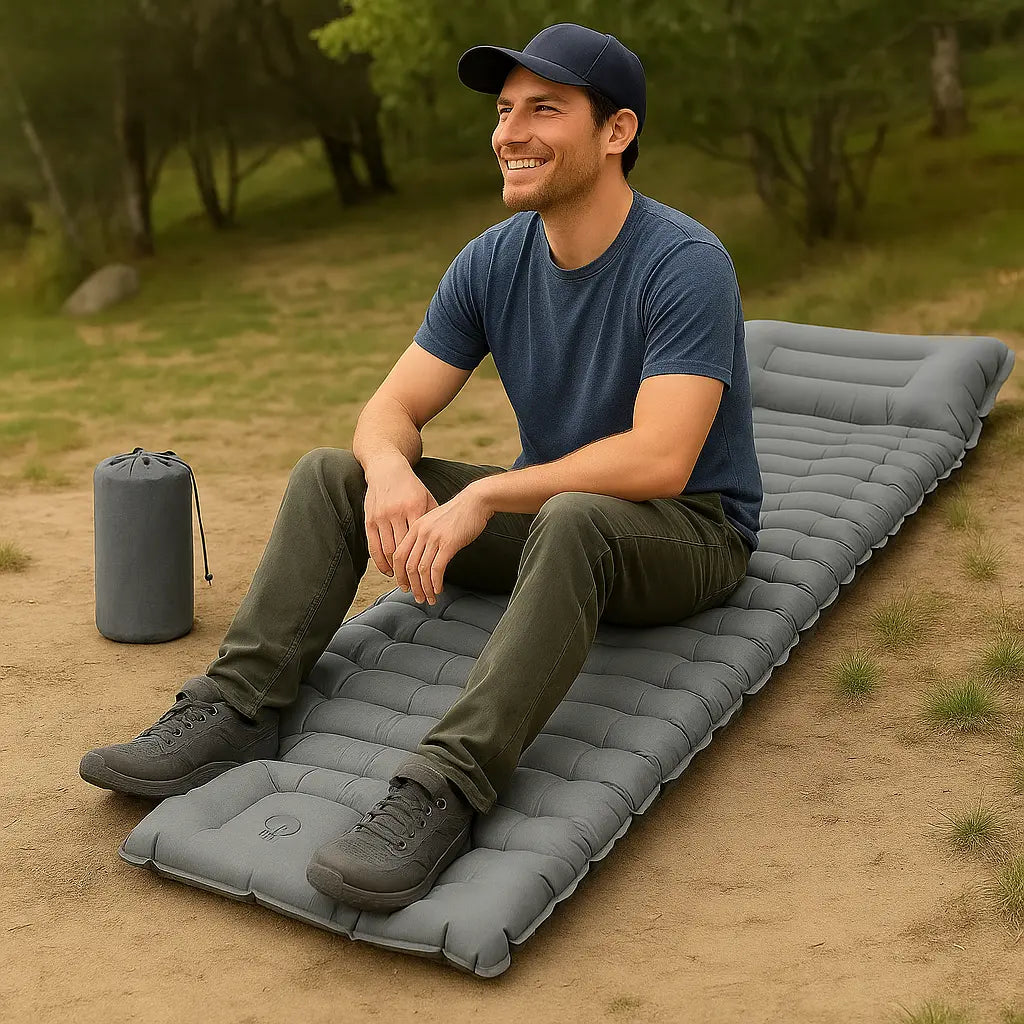 MunaWear - Air Beds & Mattresses - Nira – Super Thick 4-Inch Camping Bed with Built-In Pillow & Pump for Hiking, Tent & Outdoor Sleeping - Gray / Single