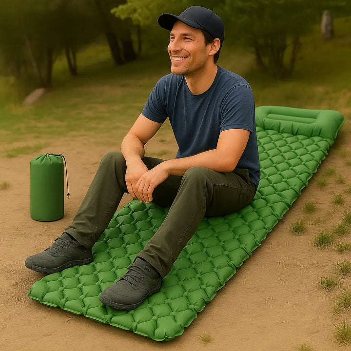MunaWear - Air Beds & Mattresses - Zora – Ultralight Inflatable Camping Mattress with Built-In Pump & Pillows - Green / Single