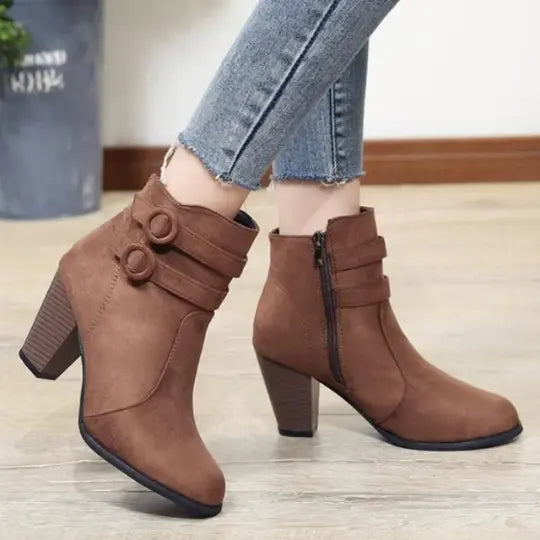 Liora - Premium Suede High-Heel Black Ankle Boots With Double Buckles For Chic Winter Style 2