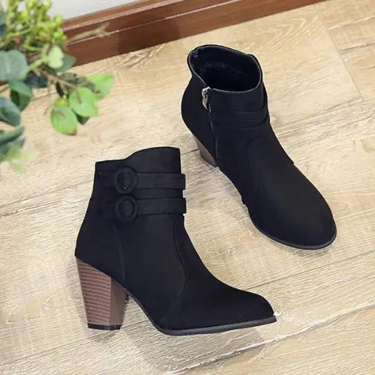 Liora - Premium Suede High-Heel Black Ankle Boots With Double Buckles For Chic Winter Style 4