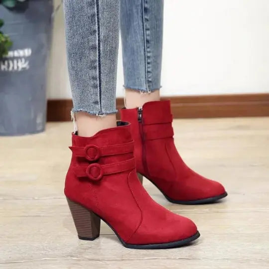 Liora - Premium Suede High-Heel Black Ankle Boots With Double Buckles For Chic Winter Style 0