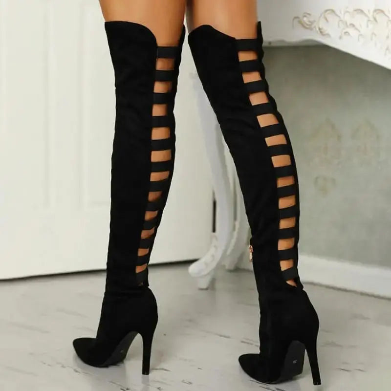 Liora - Strappy Black Knee High Boots With High Stiletto Heel For Bold Fashion Statements 1