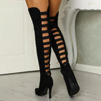 Liora - Strappy Black Knee High Boots With High Stiletto Heel For Bold Fashion Statements 0