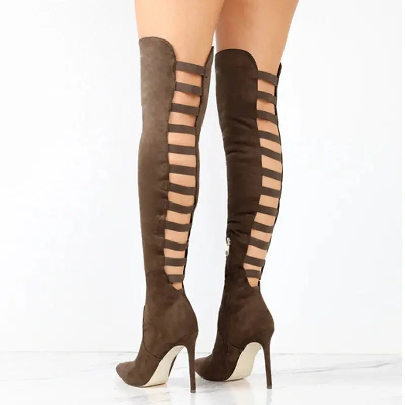 Liora - Strappy Black Knee High Boots With High Stiletto Heel For Bold Fashion Statements 2