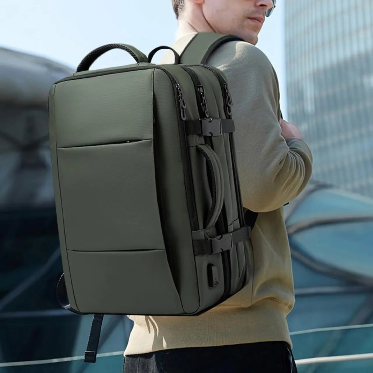 MunaWear - Backpacks - VibePack – Large Capacity Waterproof Travel Backpack for Men with USB Charging and Expandable Design - Green / Large (45L)