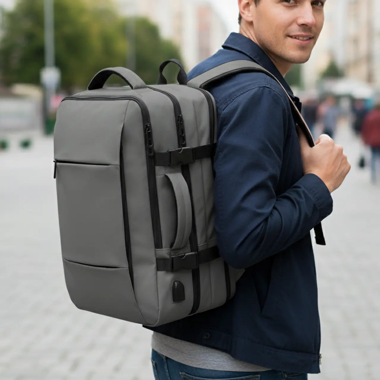 MunaWear - Backpacks - VibePack – Large Capacity Waterproof Travel Backpack for Men with USB Charging and Expandable Design - Grey / Large (45L)