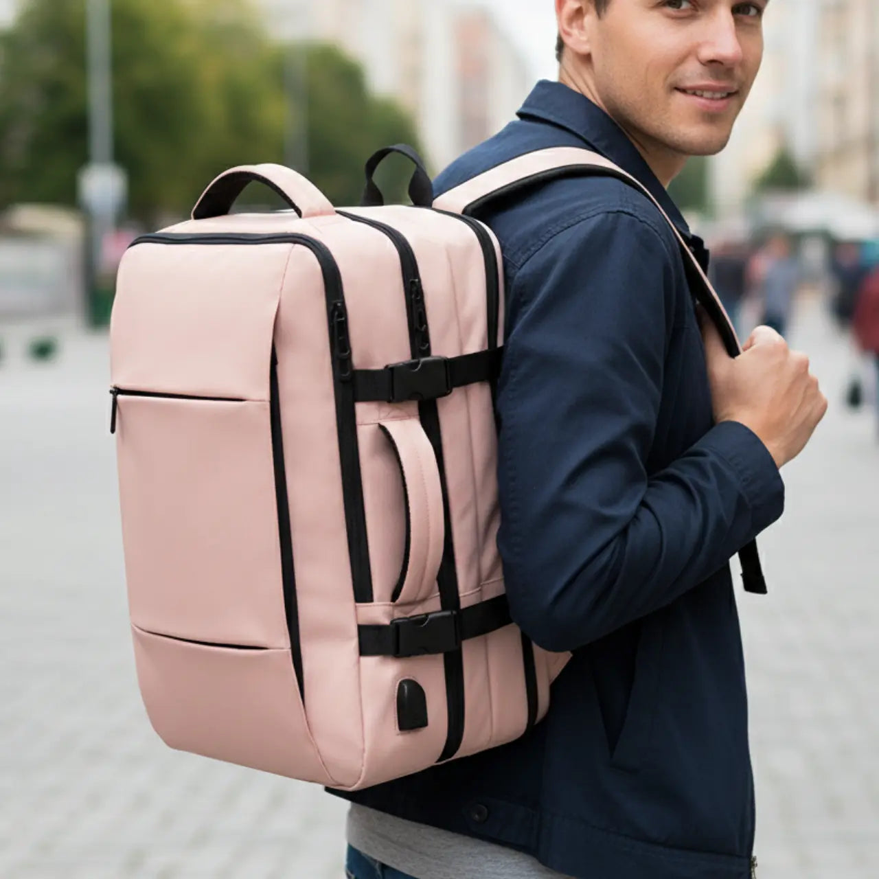 MunaWear - Backpacks - VibePack – Large Capacity Waterproof Travel Backpack for Men with USB Charging and Expandable Design - Pink / Large (45L)