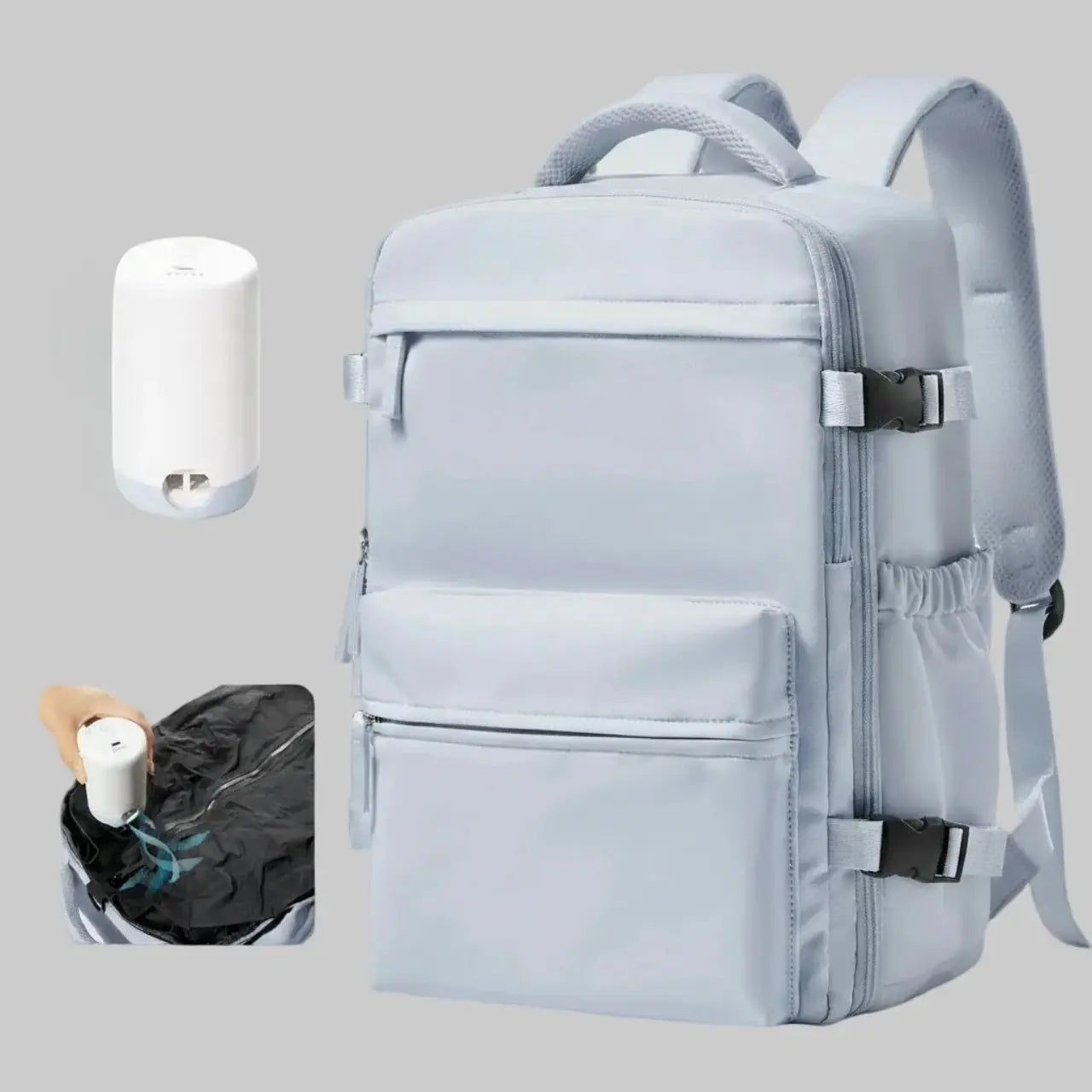 MunaWear - Backpacks - YonderKit – 15.6-Inch Vacuum Compression Backpack for Hiking & Travel with Pump - Light Gray