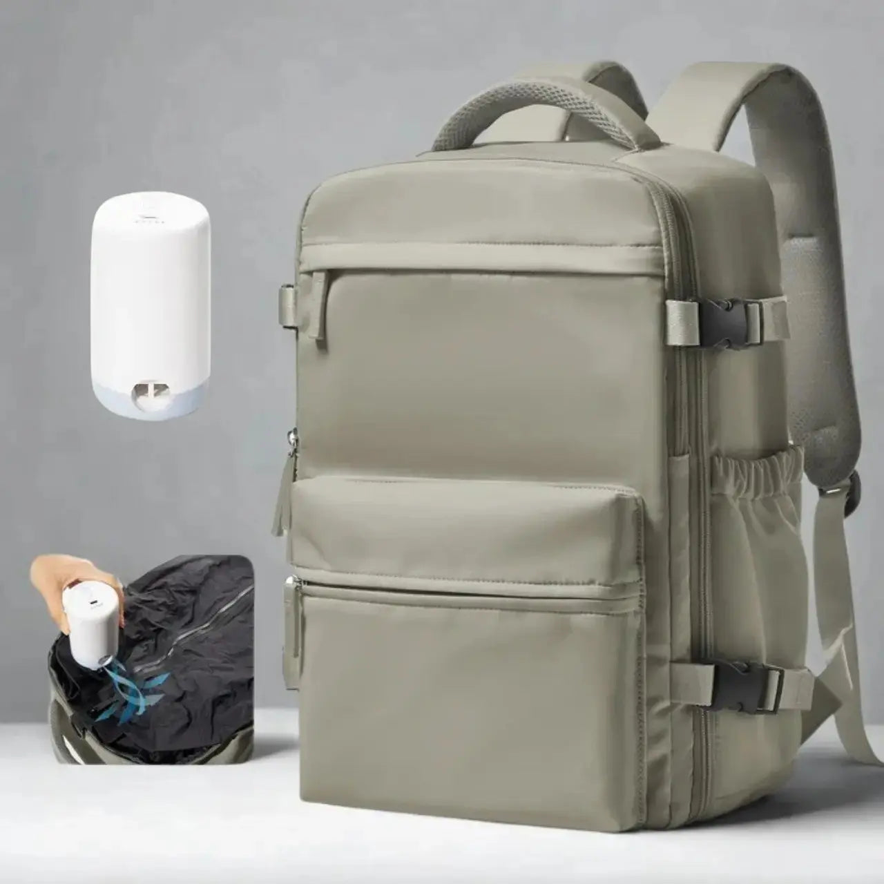 MunaWear - Backpacks - YonderKit – 15.6-Inch Vacuum Compression Backpack for Hiking & Travel with Pump - Light Khaki