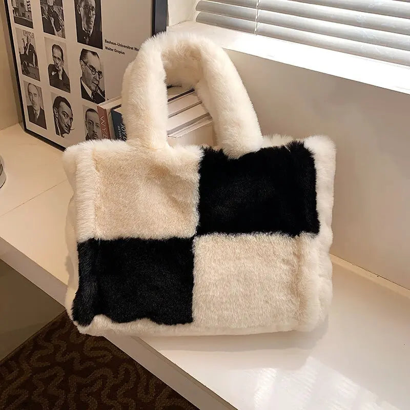 MunaWear - Bags - Liora - Stylish Plush Handbag With Ample Storage For Winter Outings - White/Black