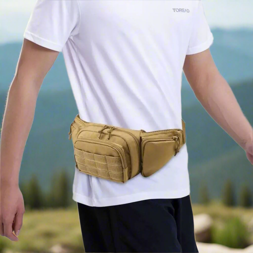 MunaWear - Bags - Maverick Tactical Fanny Pack – Waterproof Nylon – Adjustable Strap – Black – Spacious Design for Outdoor Adventures - Light Khaki