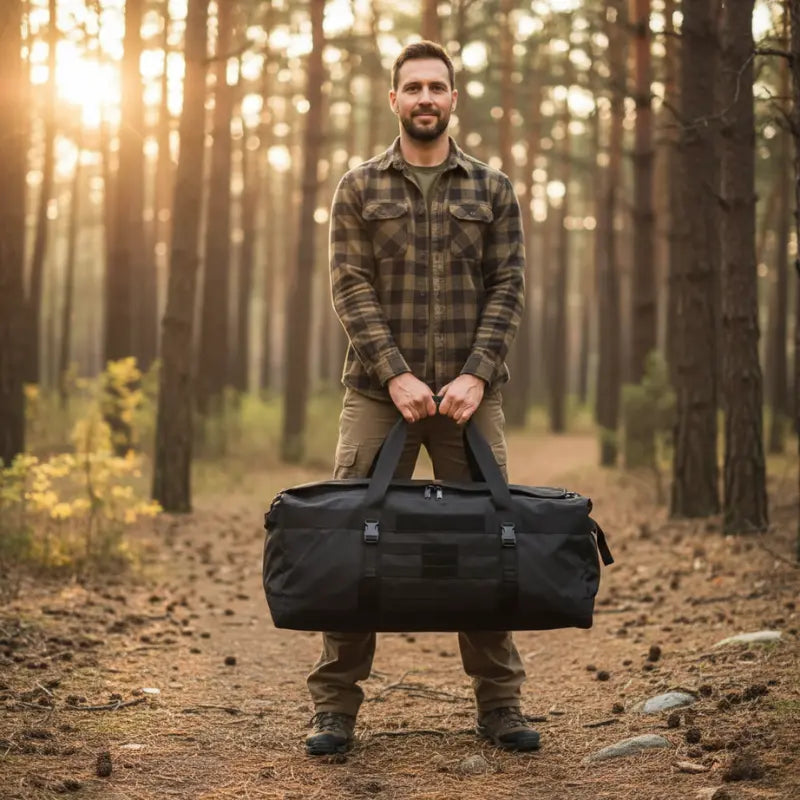 Man holding a black duffel bag in a forest during sunset