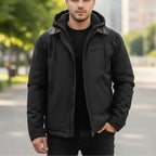 MunaWear - Bomber Jackets - Caden - Rugged Men's Jacket With Hooded Design For Casual Outings And Everyday Wear - Black / 5XL