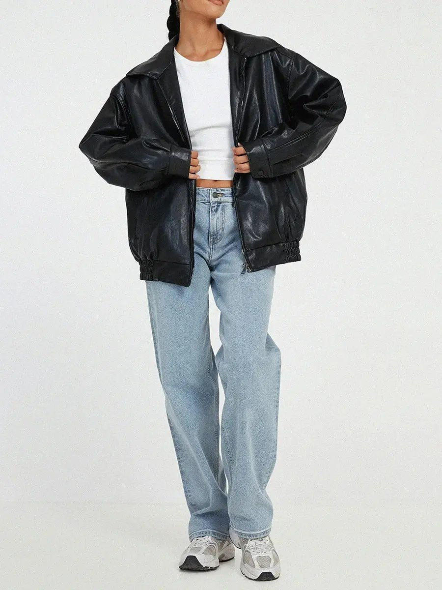 Liora - Oversized Black Leather Bomber Jacket With Zipper Front For Effortless Street Style 1